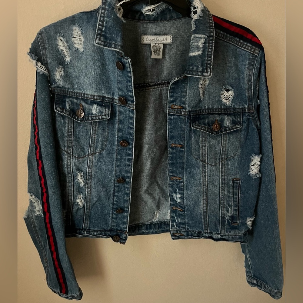 Distressed Denim Jacket with Sleeve Stripes